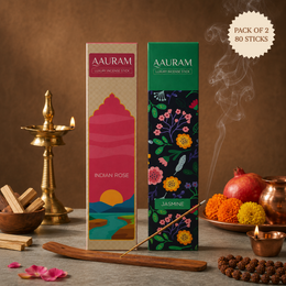 Indian Rose + Jasmine Incense Sticks Pack of 2 | 80 Sticks with Free Wooden Holder | 100% Organic