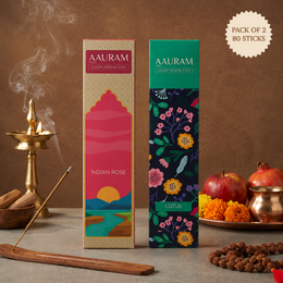 Indian Rose + Lotus Incense Sticks Pack of 02 | 80 Sticks with Free Wooden Holder | 100% Organic