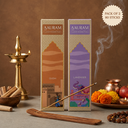 Oudh + Lavender Incense Sticks Pack of 2 | 80 Sticks with Free Wooden Holder | 100% Organic